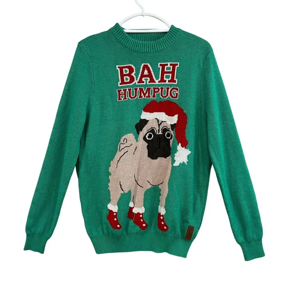 Tipsy Elves Mens‎ Christmas Sweater Bah Humpug Pug Sz Large Funny Holiday Knit